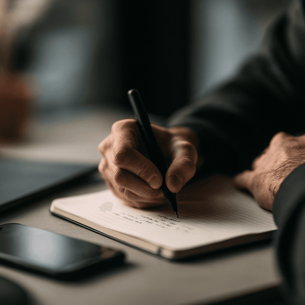 Man writing short notes about the past four weeks in a plain notebook