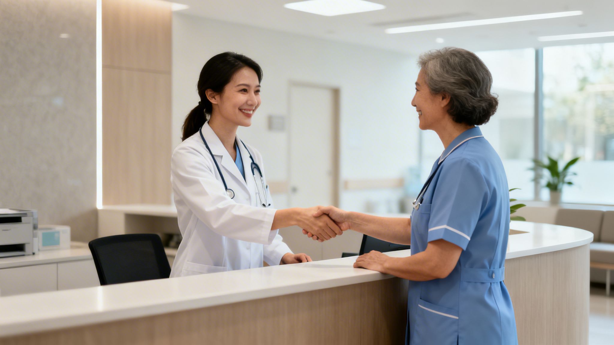 Two smiling medical professionals, a doctor and a nurse, shaking hands at a hospital reception desk.