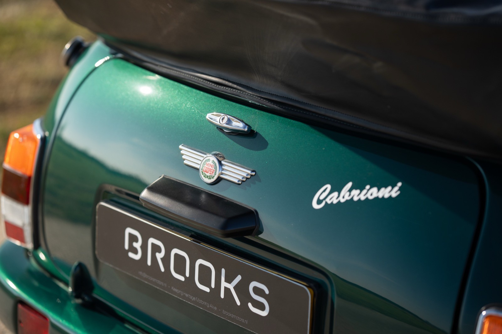 A close-up view of the rear of a green vehicle featuring a license plate and the brand name "Brooks."