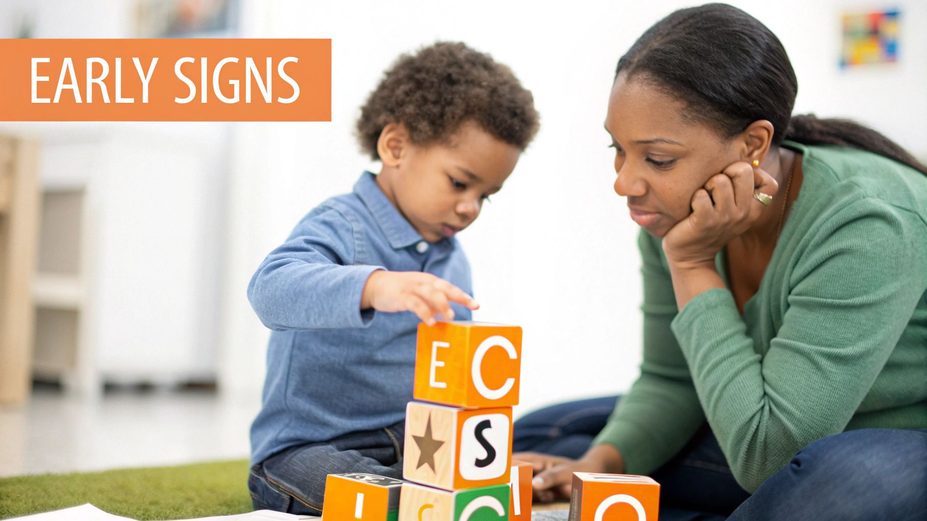 A woman thoughtfully watches a young child stacking alphabet blocks, indicating early learning and development.