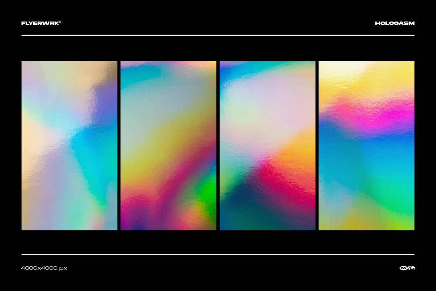 Hologasm iridescent backgrounds pack with four high resolution vertical textures showing colorful metallic gradients