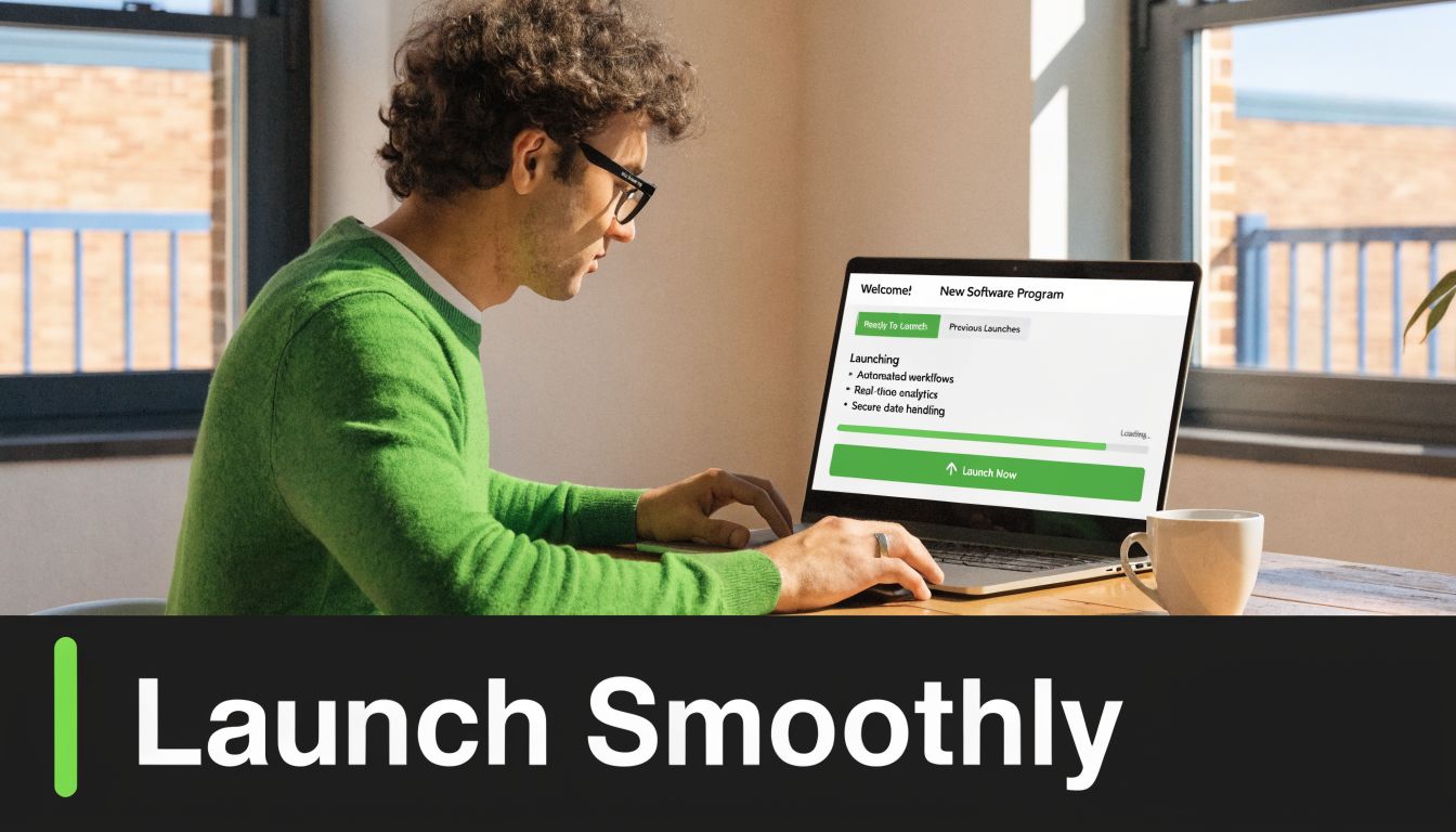 A person in a green sweater using a laptop to launch a new software program.