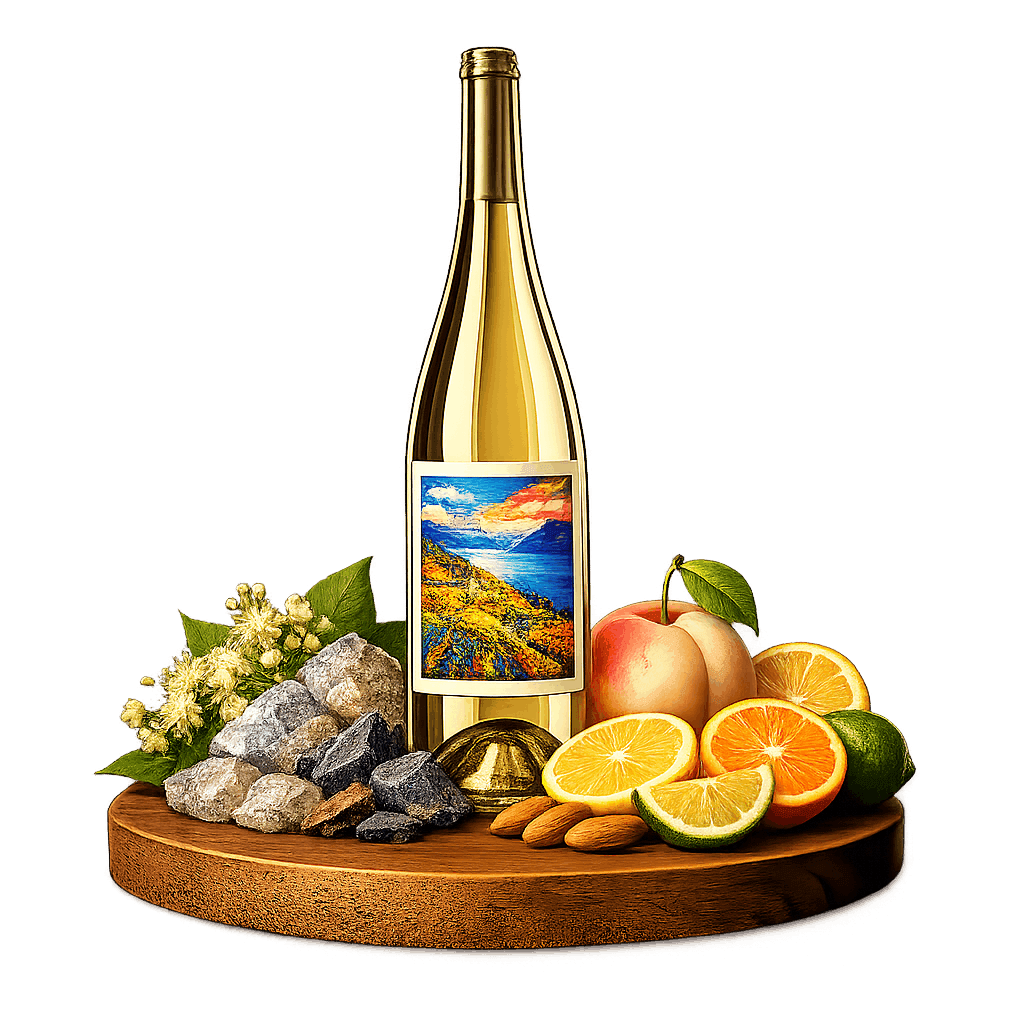 Artistic label and flavor profile for Swiss Chasselas on a rustic wooden table.