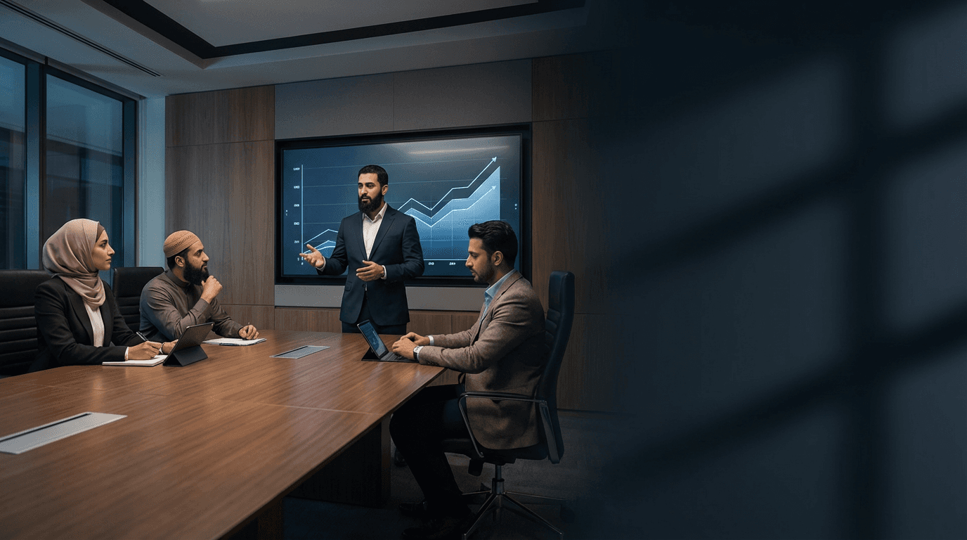 Our team presenting tailored, high-ROI marketing strategies and SEO growth plans to successful Muslim business owners in our modern agency boardroom.