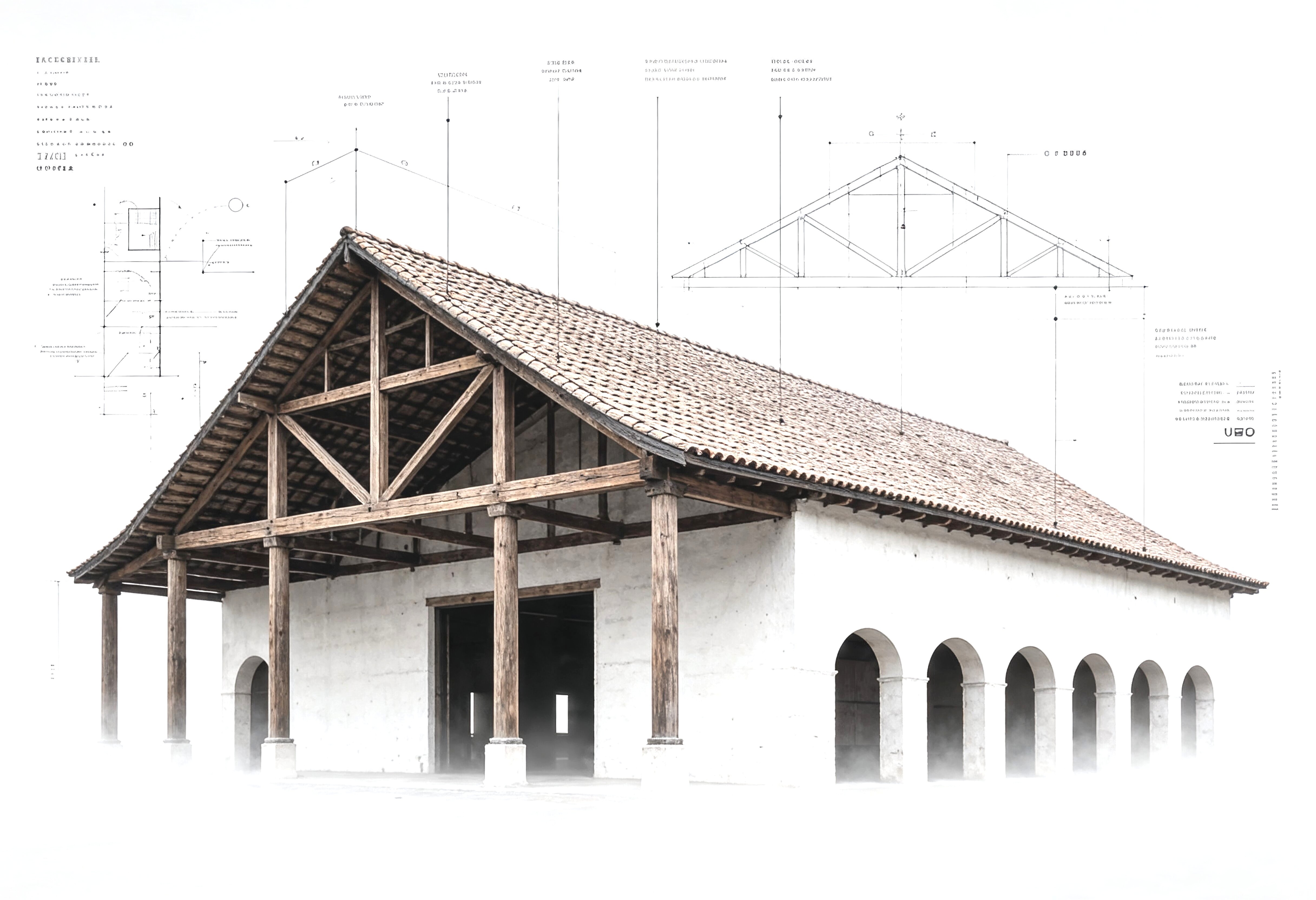 nterior de galpão rural com estrutura de madeira e sobreposição de planta estrutural — fragilidades patrimoniais no agronegócio familiar