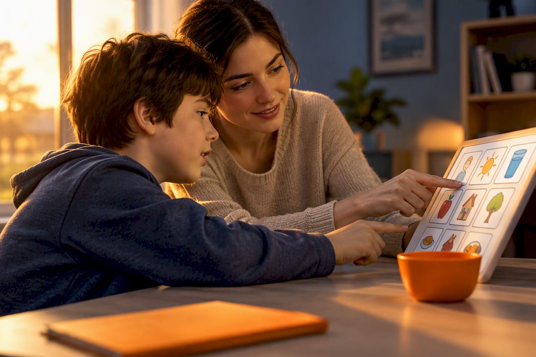 Cuidadora usando un tablero de pictogramas con un niño