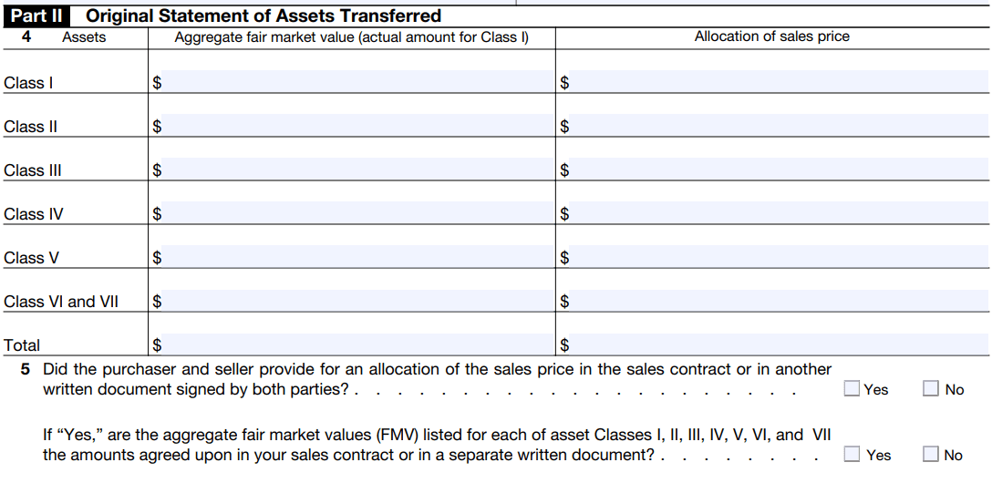 IRS Form 8594 asset acquisition categories Classes I through VII for tax allocation