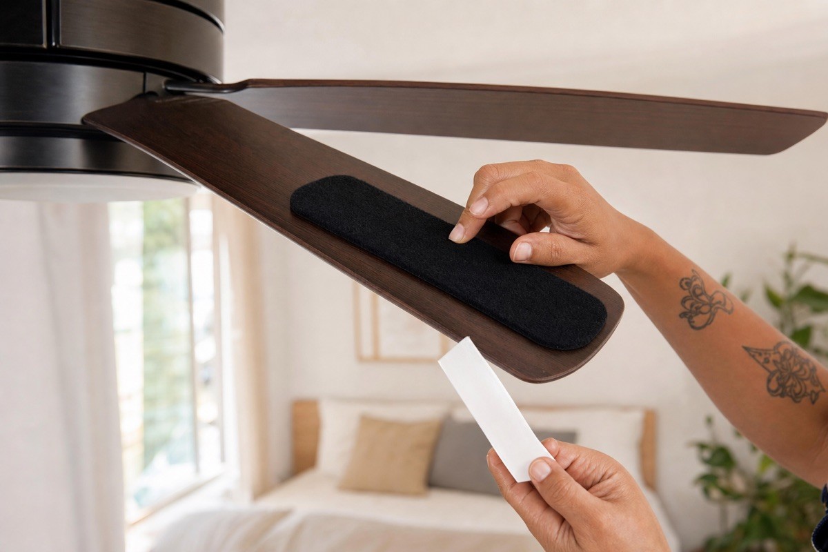 Barnakl strips being applied to the top of ceiling fan blades
