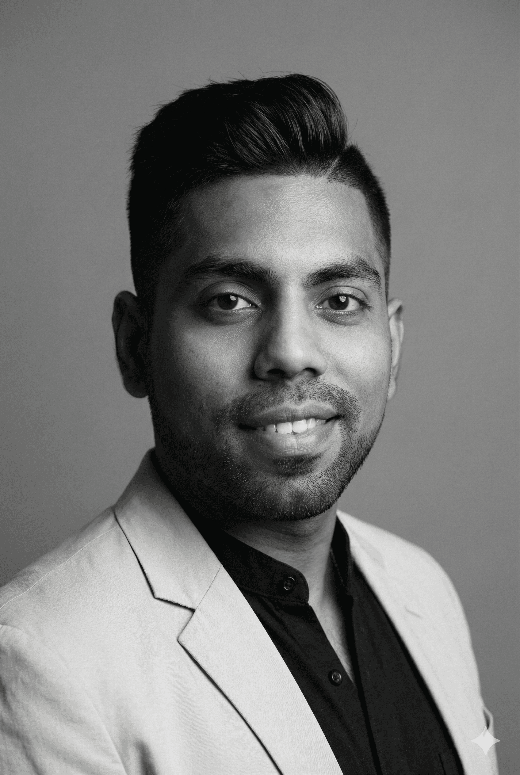 Portrait of a woman with long, smooth hair swept to the side, in a dark t-shirt, on a plain background.