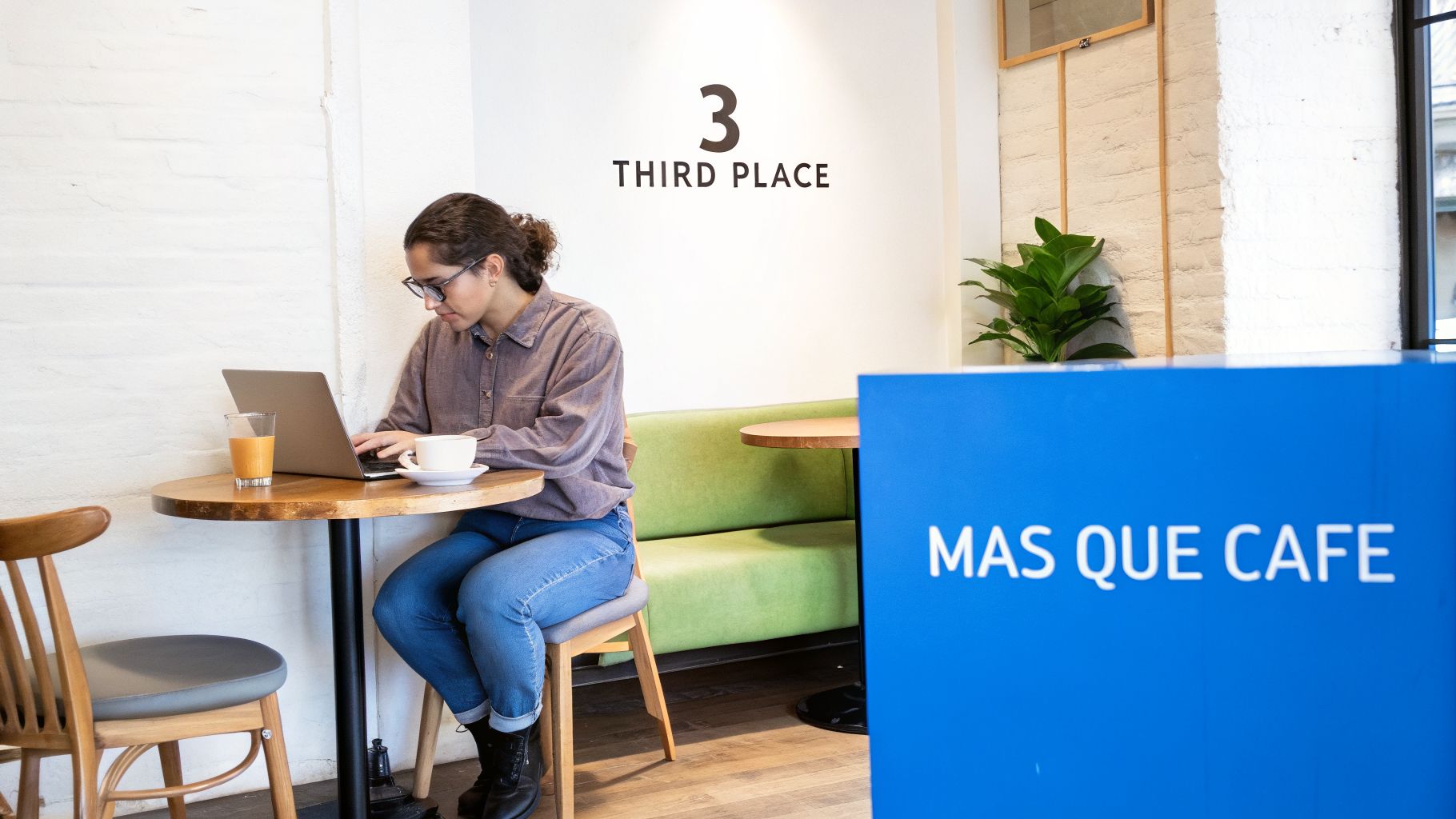 Mujer concentrada trabajando en su laptop en una mesa de café con bebidas, en un lugar llamado 'Third Place'.