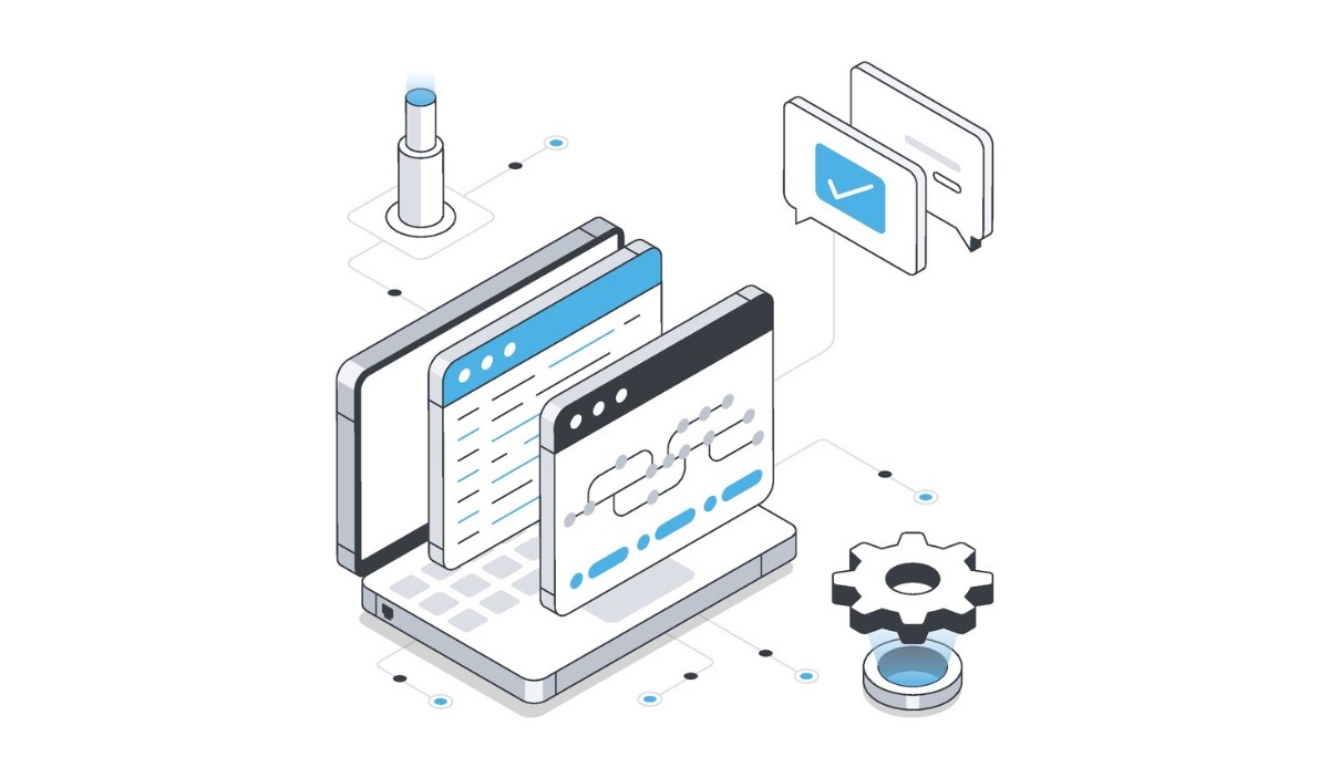 Illustration of a laptop displaying code and flowcharts, surrounded by icons for settings, notifications, and data.