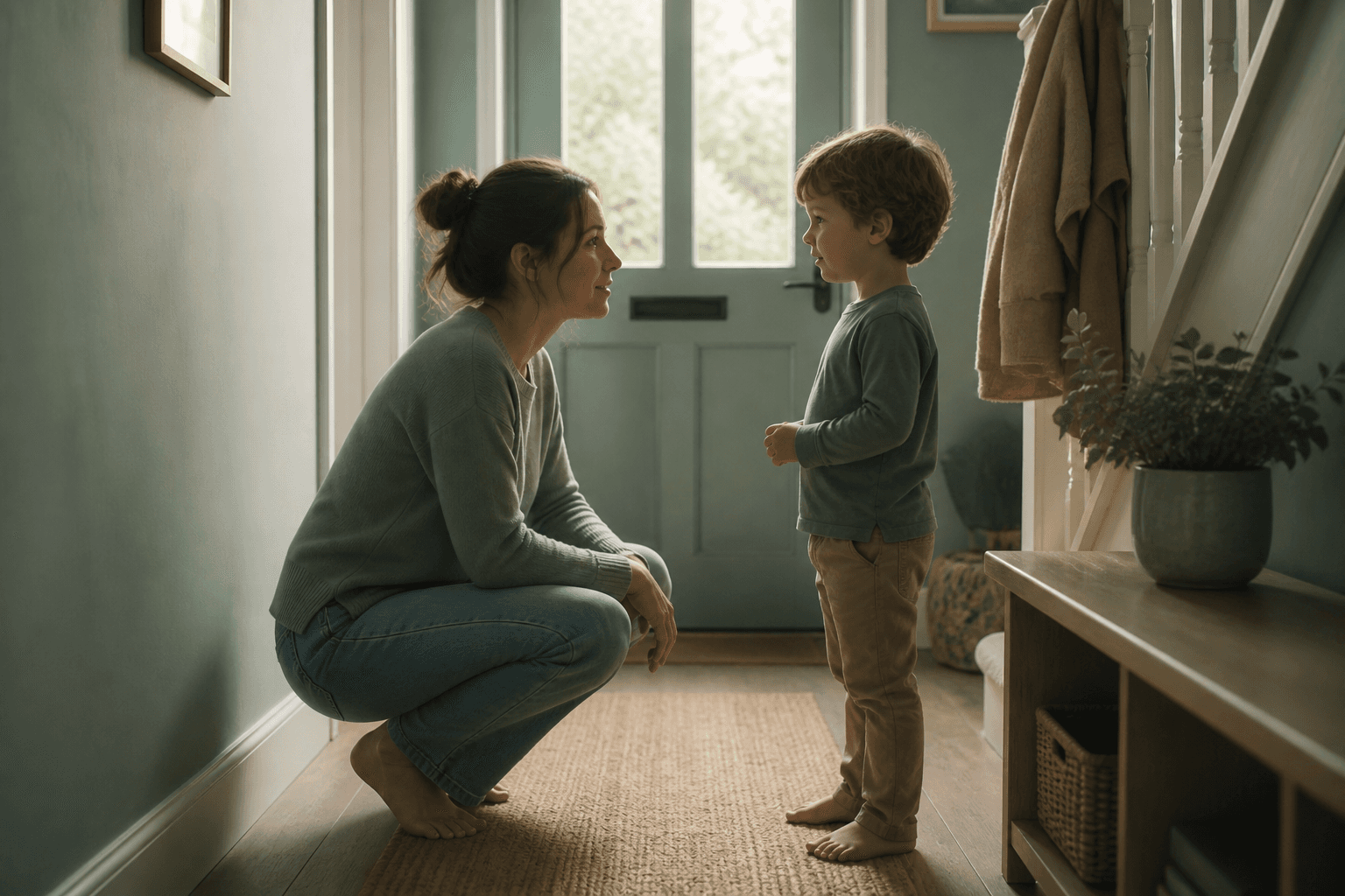 Parent crouching down to speak calmly with a toddler during a moment of conflict at home