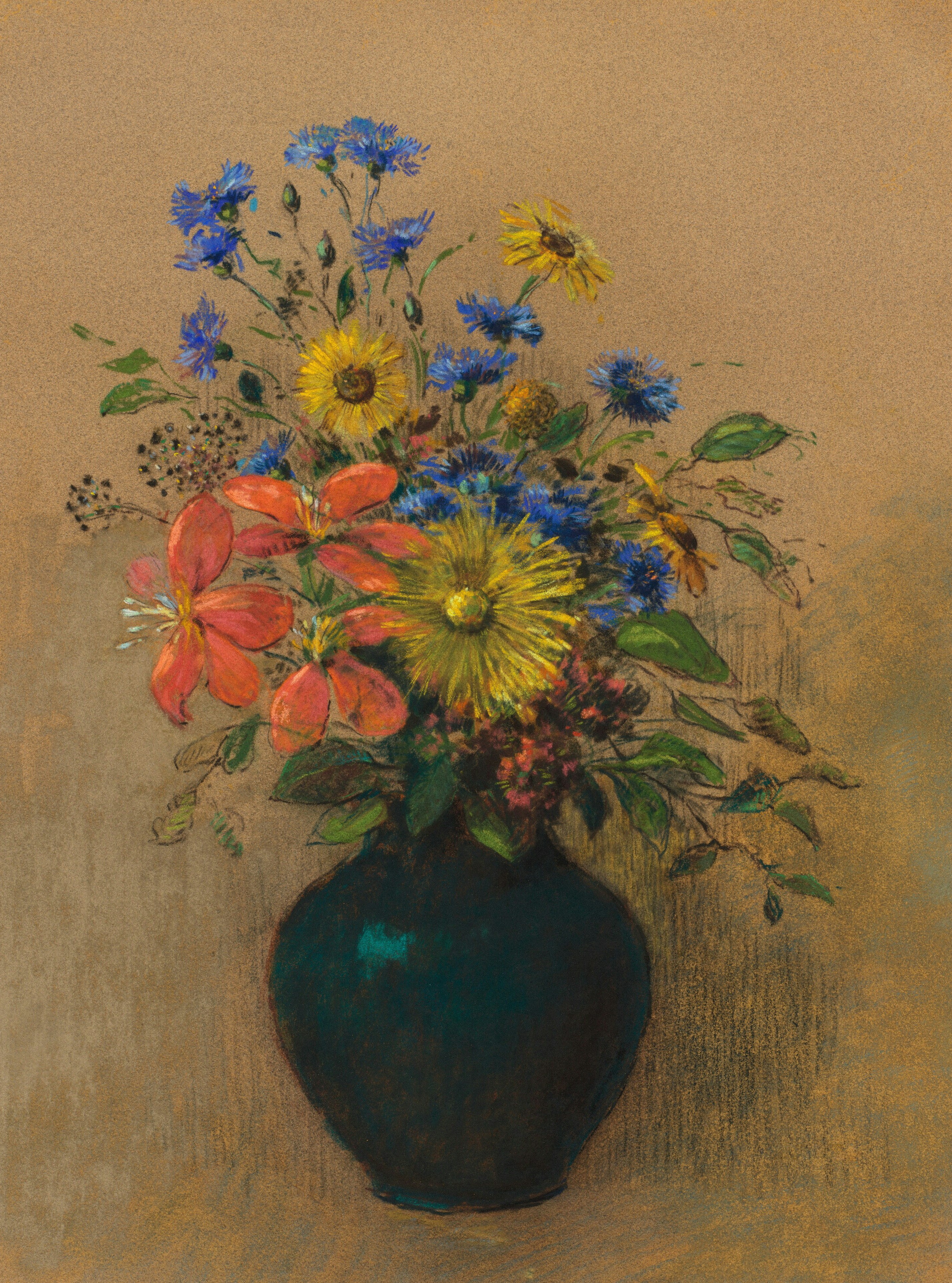 Vase of colorful wildflowers on a brown background