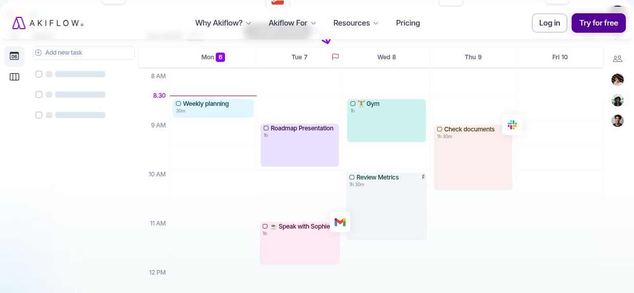 Akiflow task list beside a weekly calendar with work scheduled into time blocks