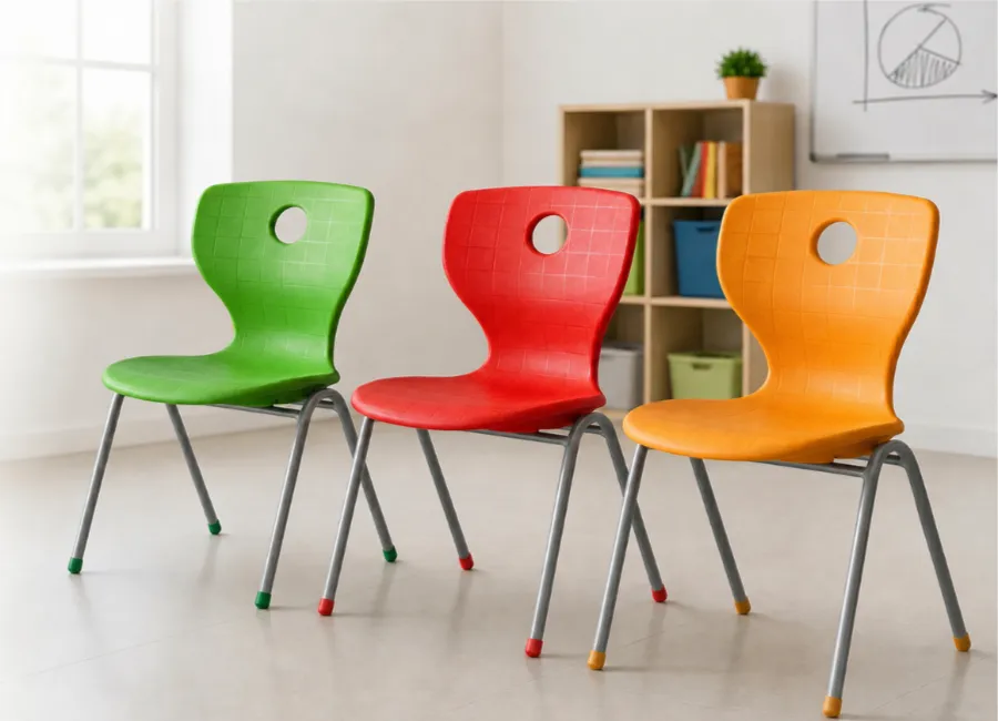 Green, red, and orange school chairs for classroom projects