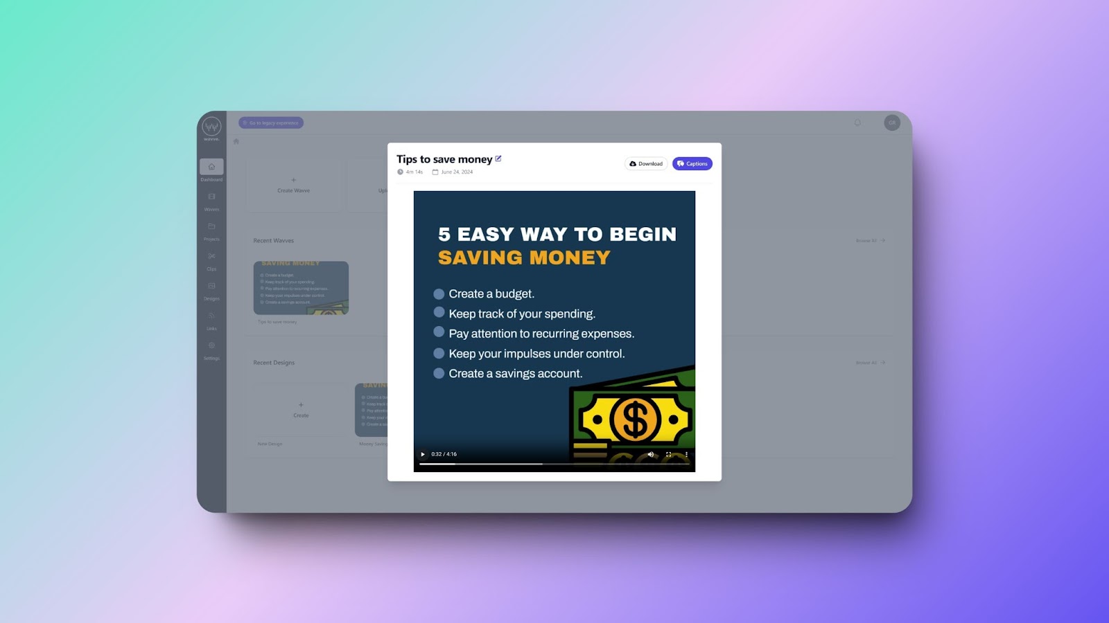 Wavve video editing interface displaying a video titled "Tips to save money," featuring five easy ways to begin saving money with clear, actionable steps.