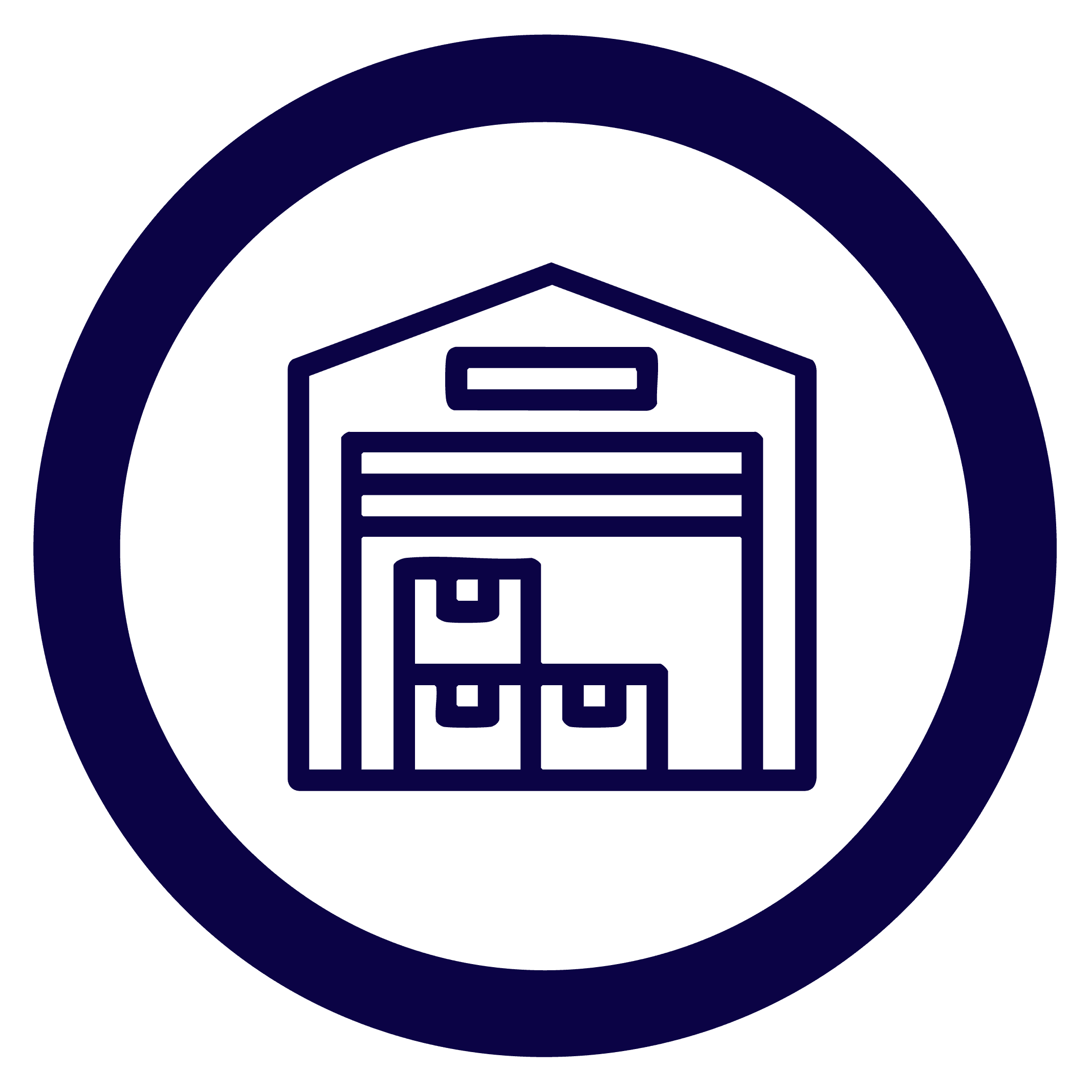 circle icon in blue of a warehouse exterior with the doors open