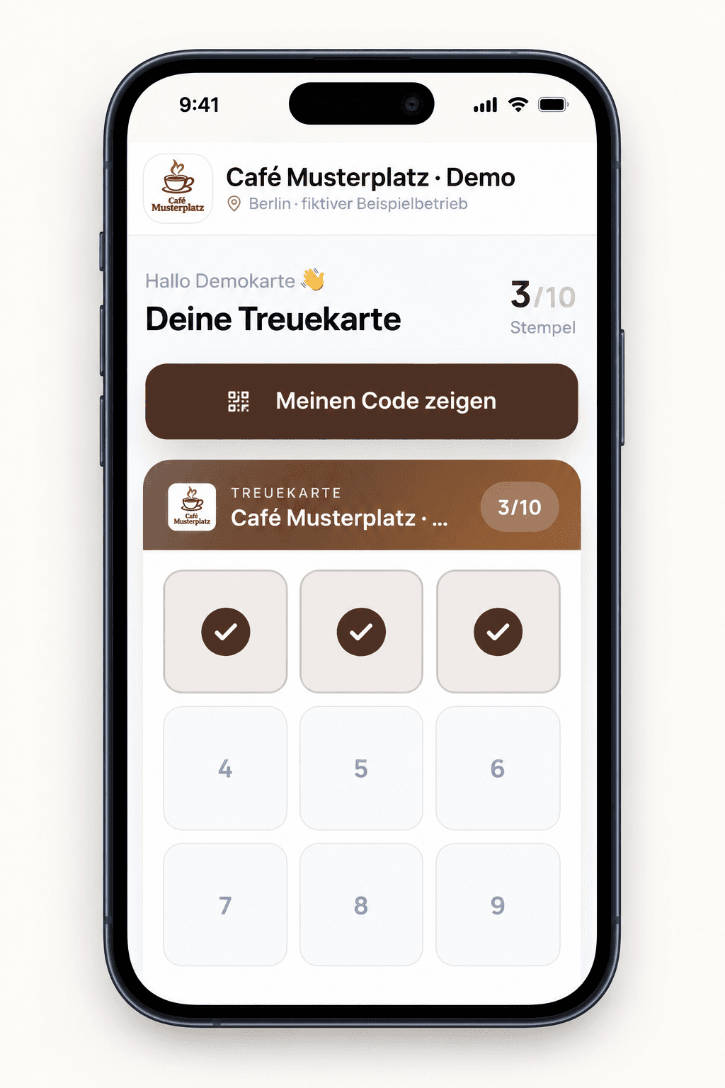 Digitale Bonstelo-Treuekarte auf einem Smartphone mit drei von zehn Stempeln.