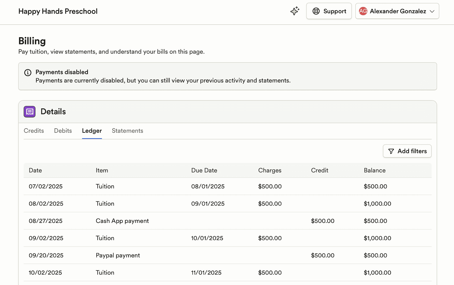 Disabled billing for guardians