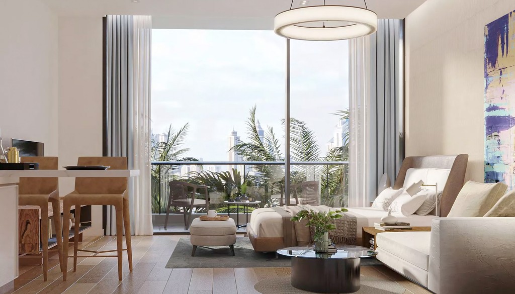 A modern living room featuring a large window, showcasing natural light and contemporary furnishings at The Orchard Place (260).