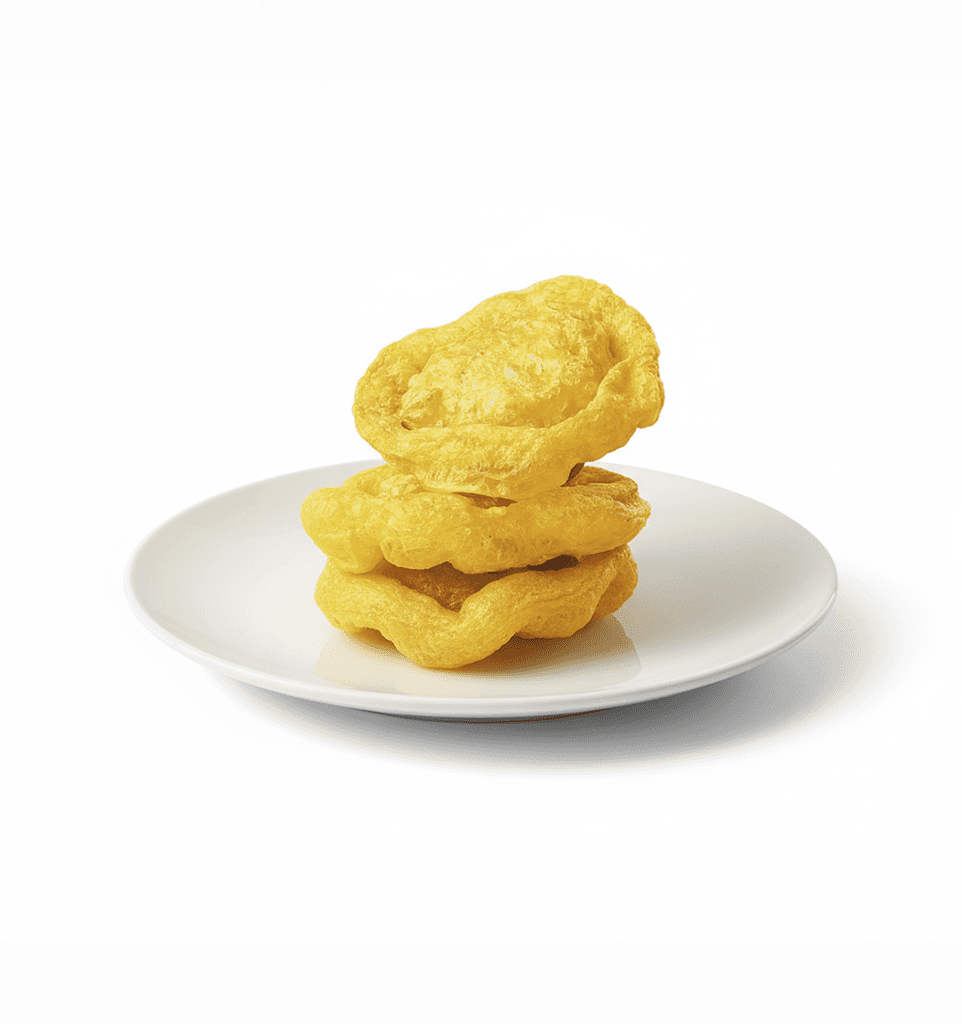 A stack of three golden, irregularly shaped egg products with a slightly textured surface, presented on a pristine white.