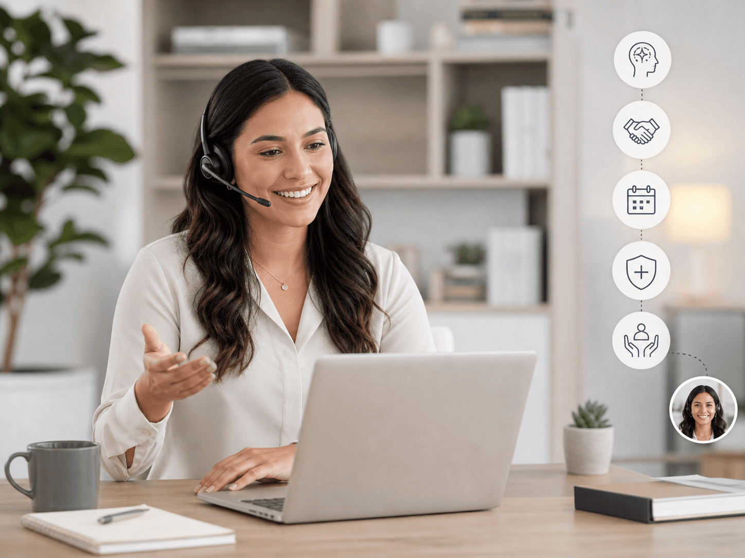 HealthJoy concierge team member supporting a member on a virtual call from her workspace.