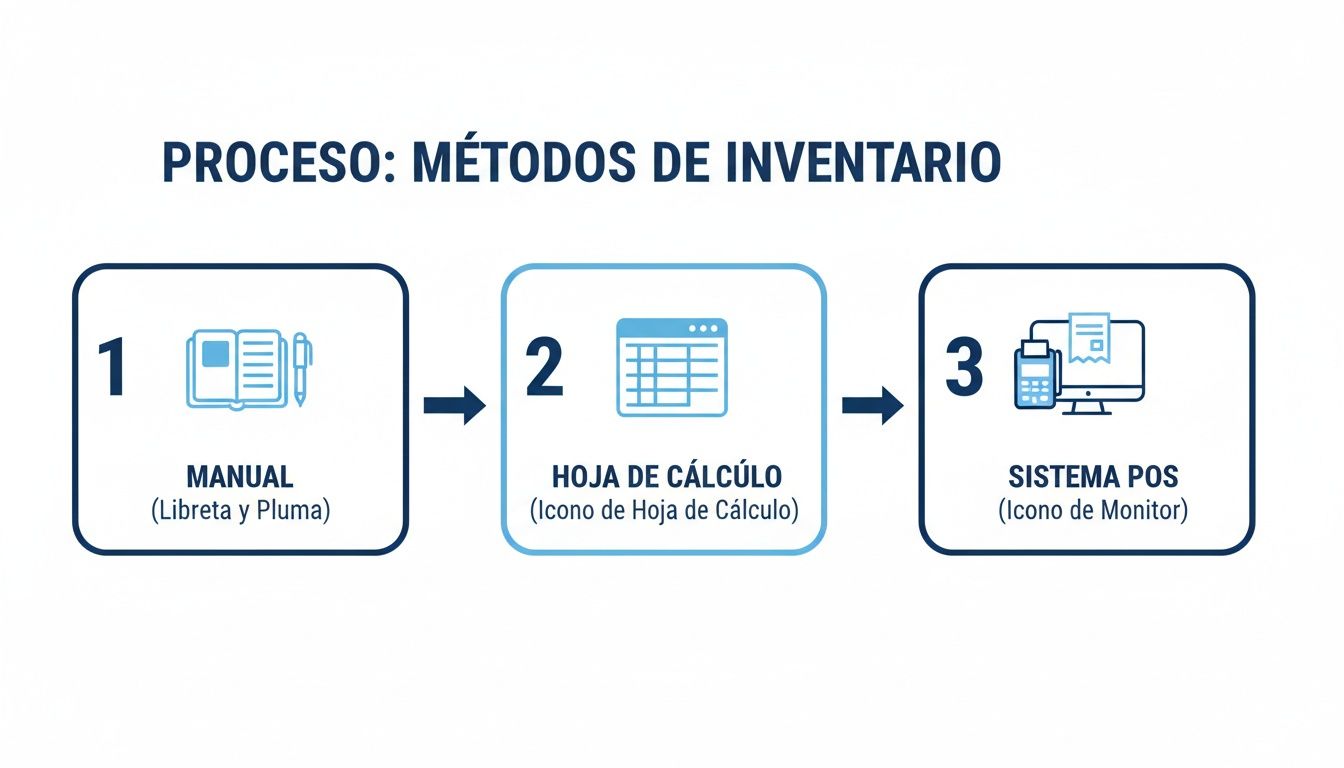 Un diagrama muestra la evolución de métodos de inventario: manual, hoja de cálculo y sistema POS.