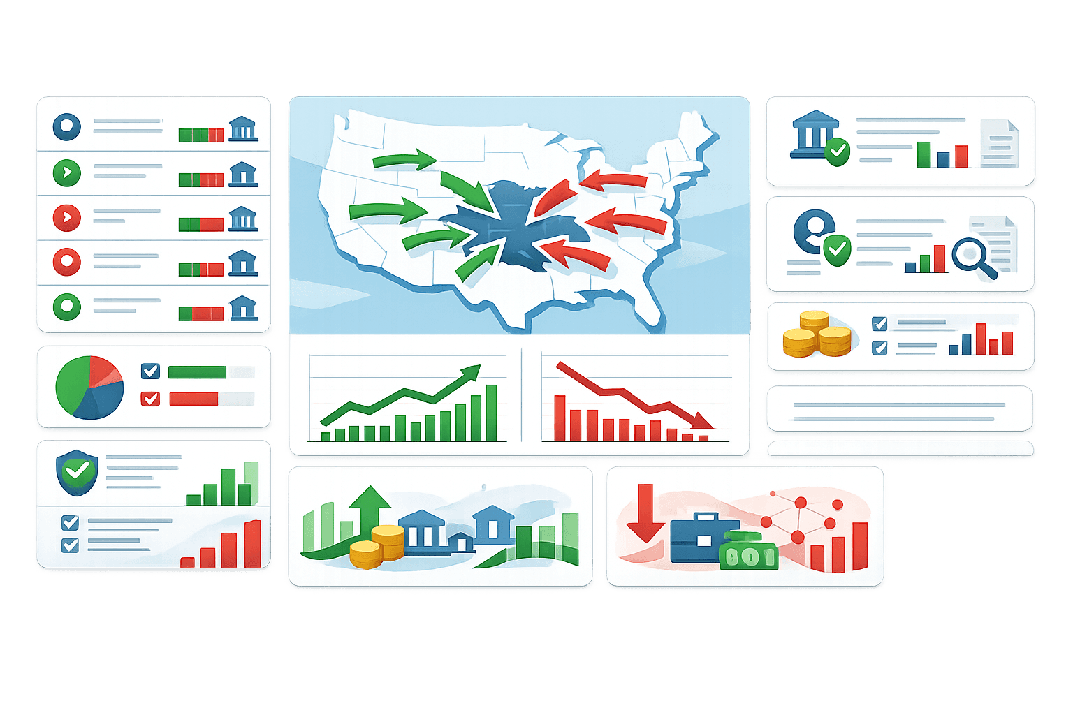 Ilustrasi risk & performance analytics layanan keuangan yang menampilkan peta wilayah (Amerika Serikat) sebagai pusat analisis arus data masuk dan keluar. Panah hijau dan merah menggambarkan aliran kinerja positif dan negatif. Di sekelilingnya terdapat panel indikator institusi keuangan, grafik pertumbuhan dan penurunan, analisis nasabah, kepatuhan, serta metrik finansial. Visual merepresentasikan pemantauan risiko, performa bisnis, dan pengambilan keputusan berbasis data secara terpusat.