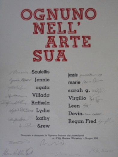 A poster with names and signed by different people with title: OGNUNO NELL' ARTE SUA