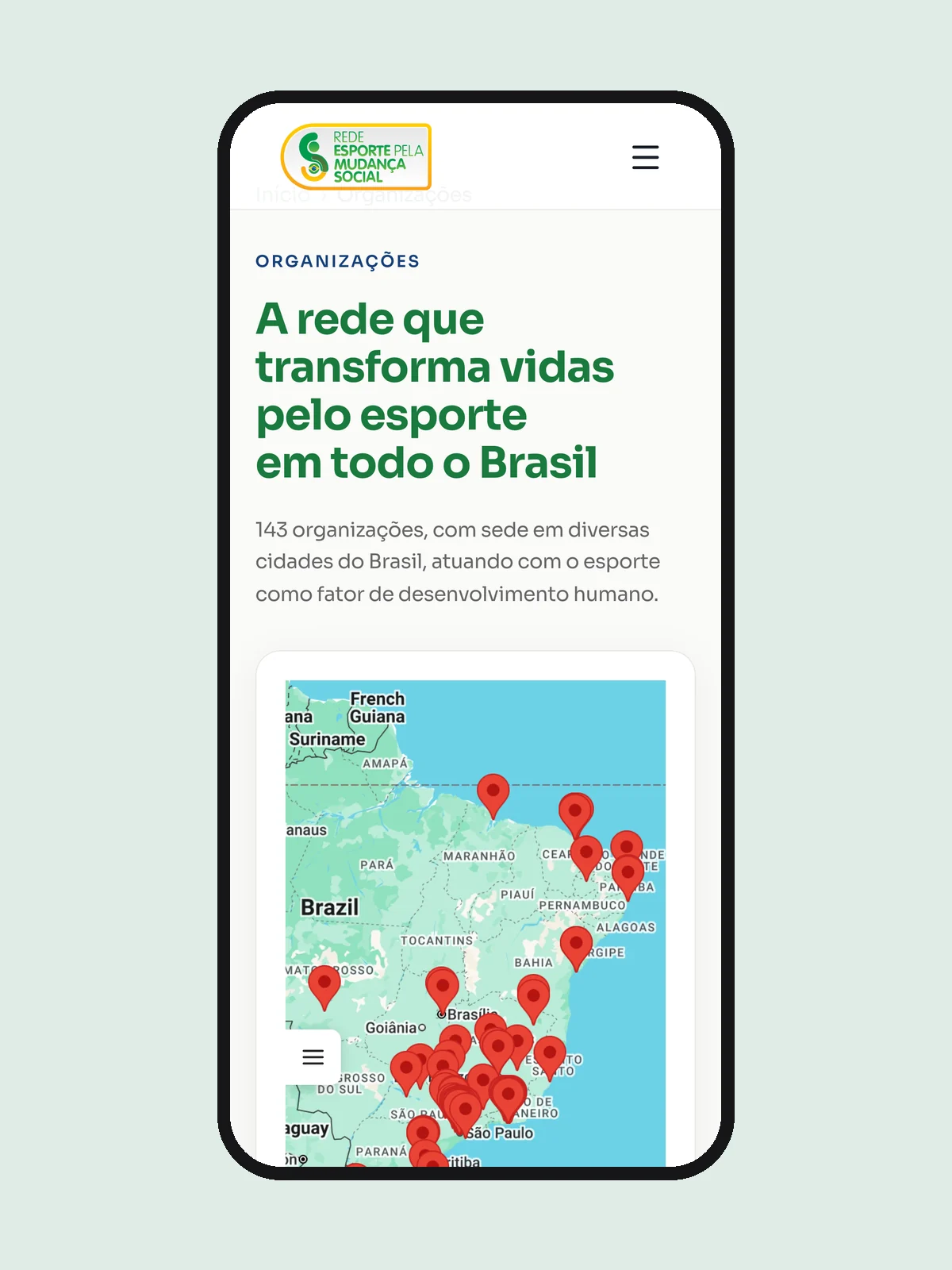 Página de organizações do site da REMS no celular