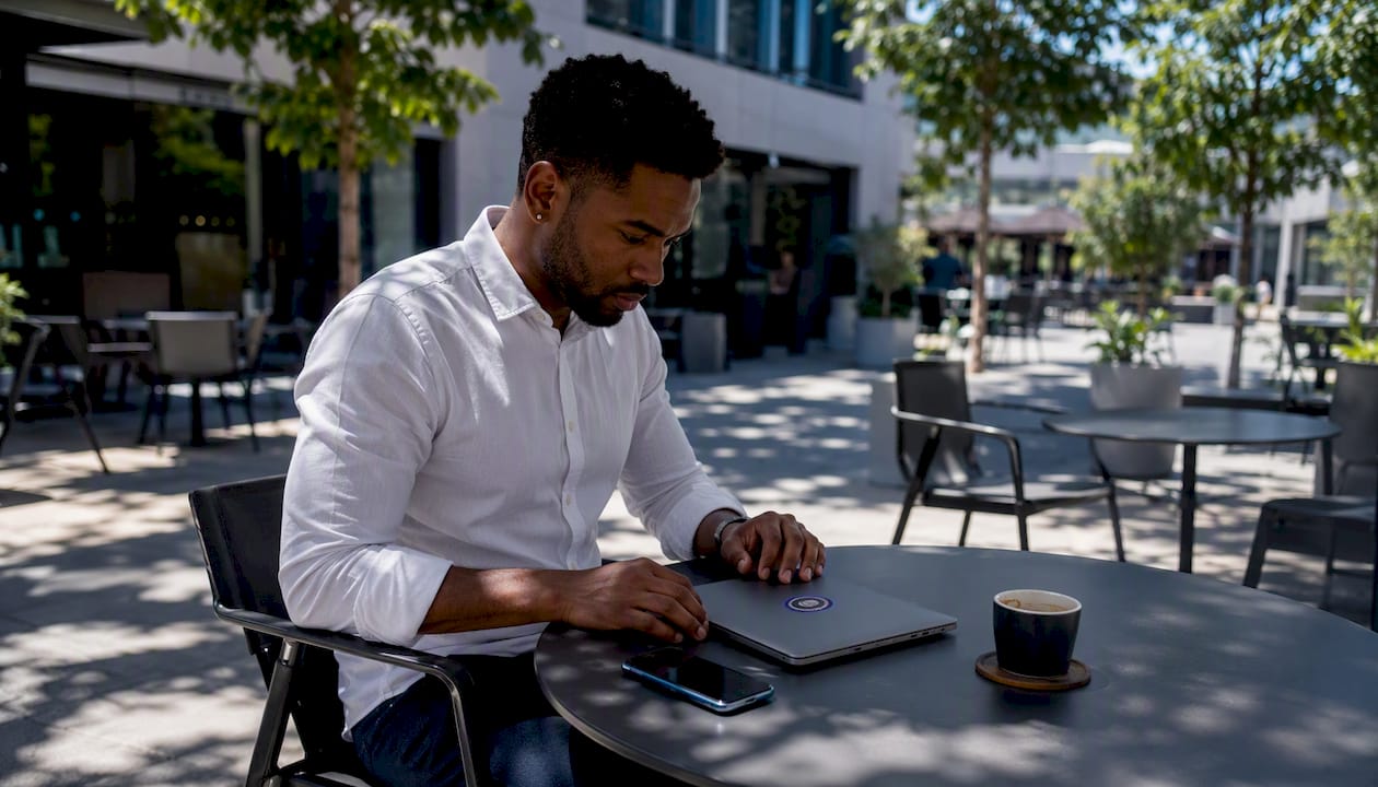Professional using HubSpot chat in startup office.