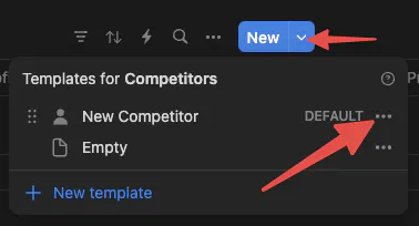 Notion template selection for competitor analysis in Lucas Ostrowski's automation guide. Shows 'New Competitor' as default template and 'New' button, highlighting efficient setup for business intelligence. Part of The Hitchhiker's Guide to Automated Systems, demonstrating no-code productivity tools.