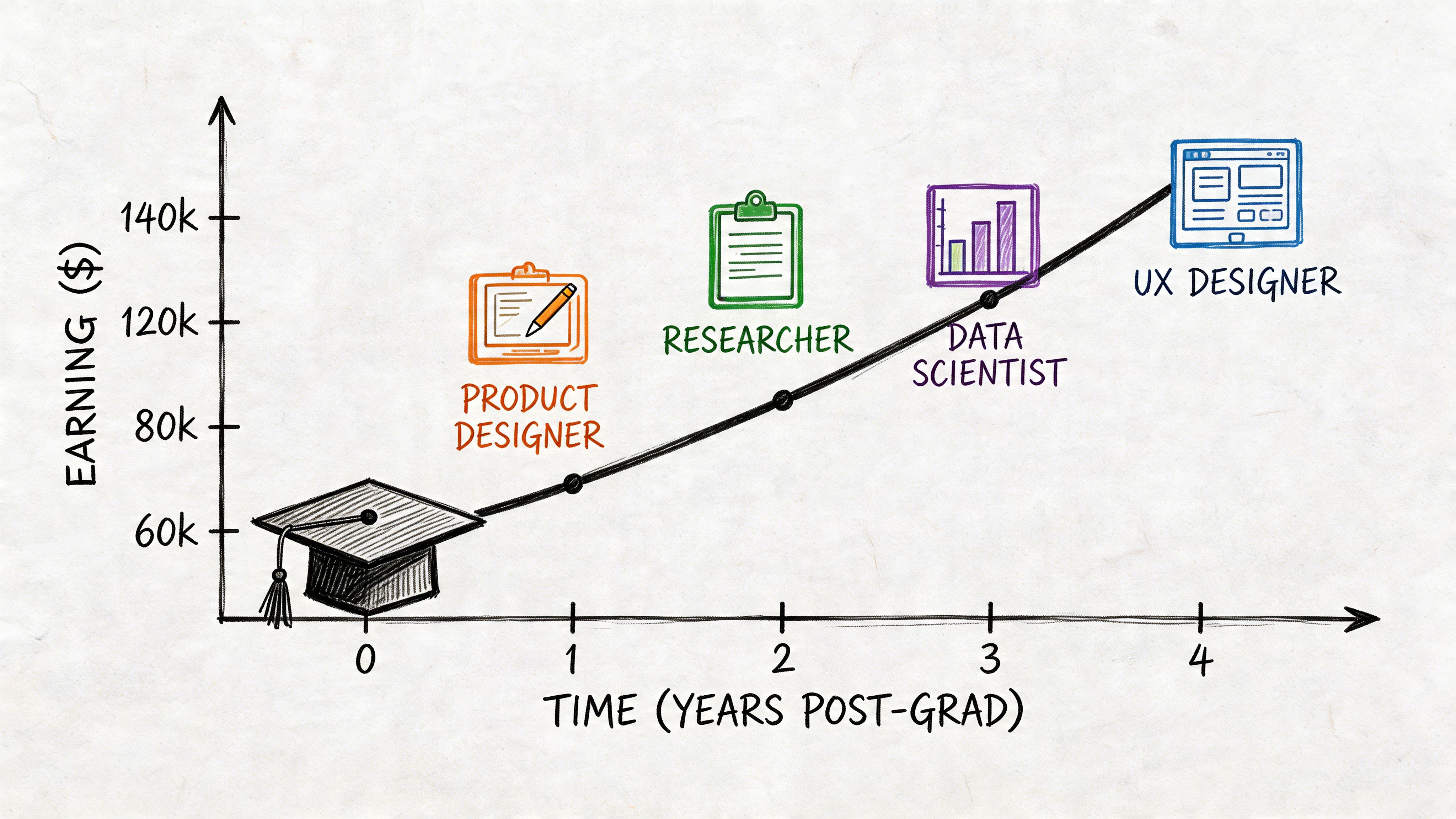 A line graph showing career progression and earnings for UX designers after graduation over four years.