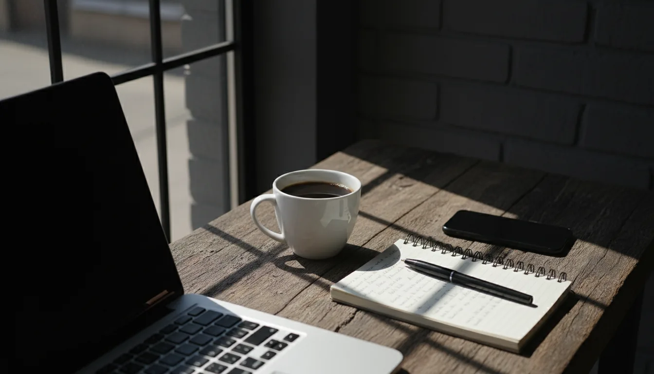 DSLR photograph, high-angle view of a wooden desk next to a window. A silver laptop is cropped in the foreground. A white ceramic mug of black coffee, a notepad with handwritten notes, a pen, and a black smartphone are on the desk. High-contrast natural daylight from the window creates deep shadows. A dark gray painted brick wall is in the background. Moody and focused atmosphere, shallow depth of field, sharp focus on the coffee mug and notepad, prominent wood grain texture.