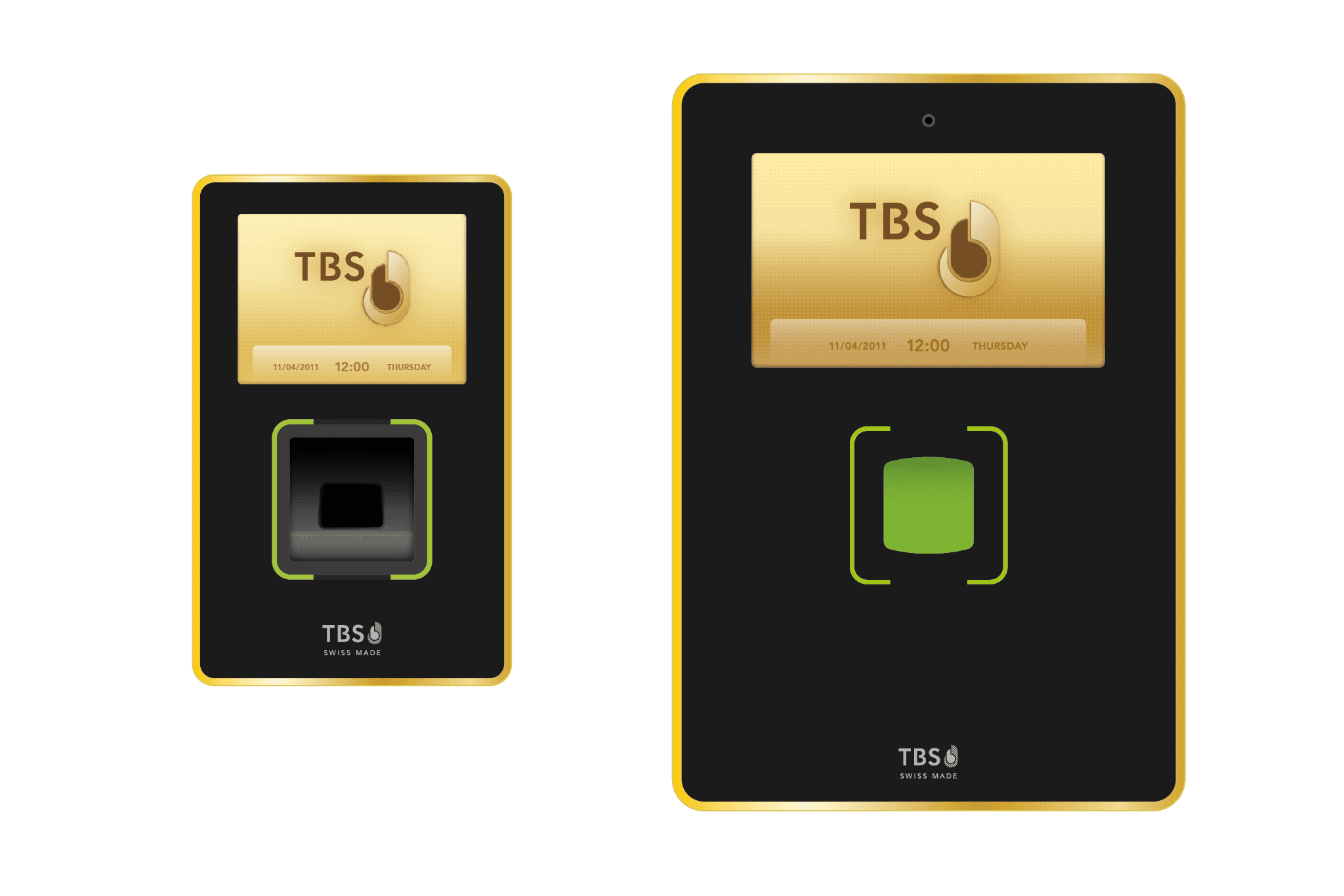 Grosses und kleines Terminal mit Screen und Fingerabdrucksensor mit Benutzeroberfläche im gold (TBS, 2010)