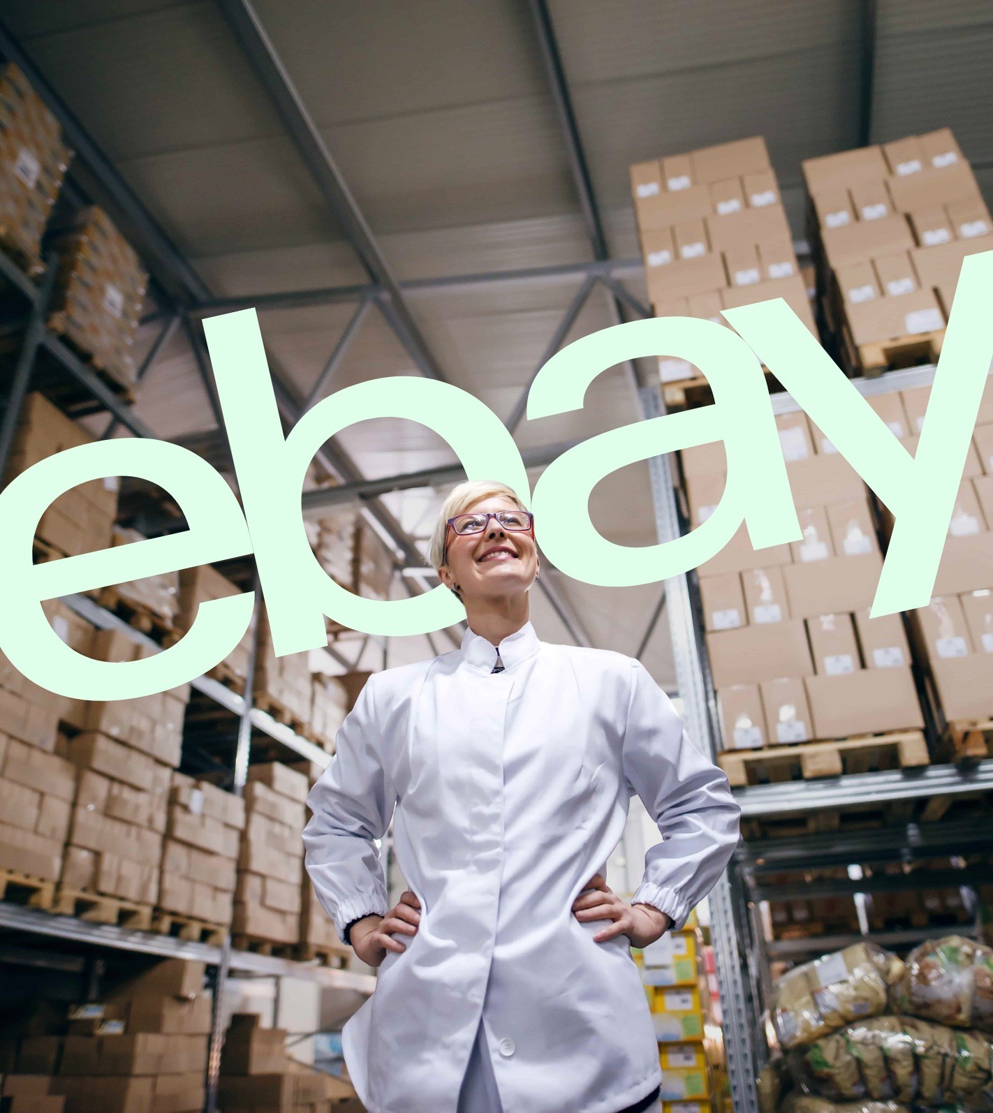 Ebay Fulfillment und Lagerlogistik mit Mitarbeiterin vor gestapelten Waren.