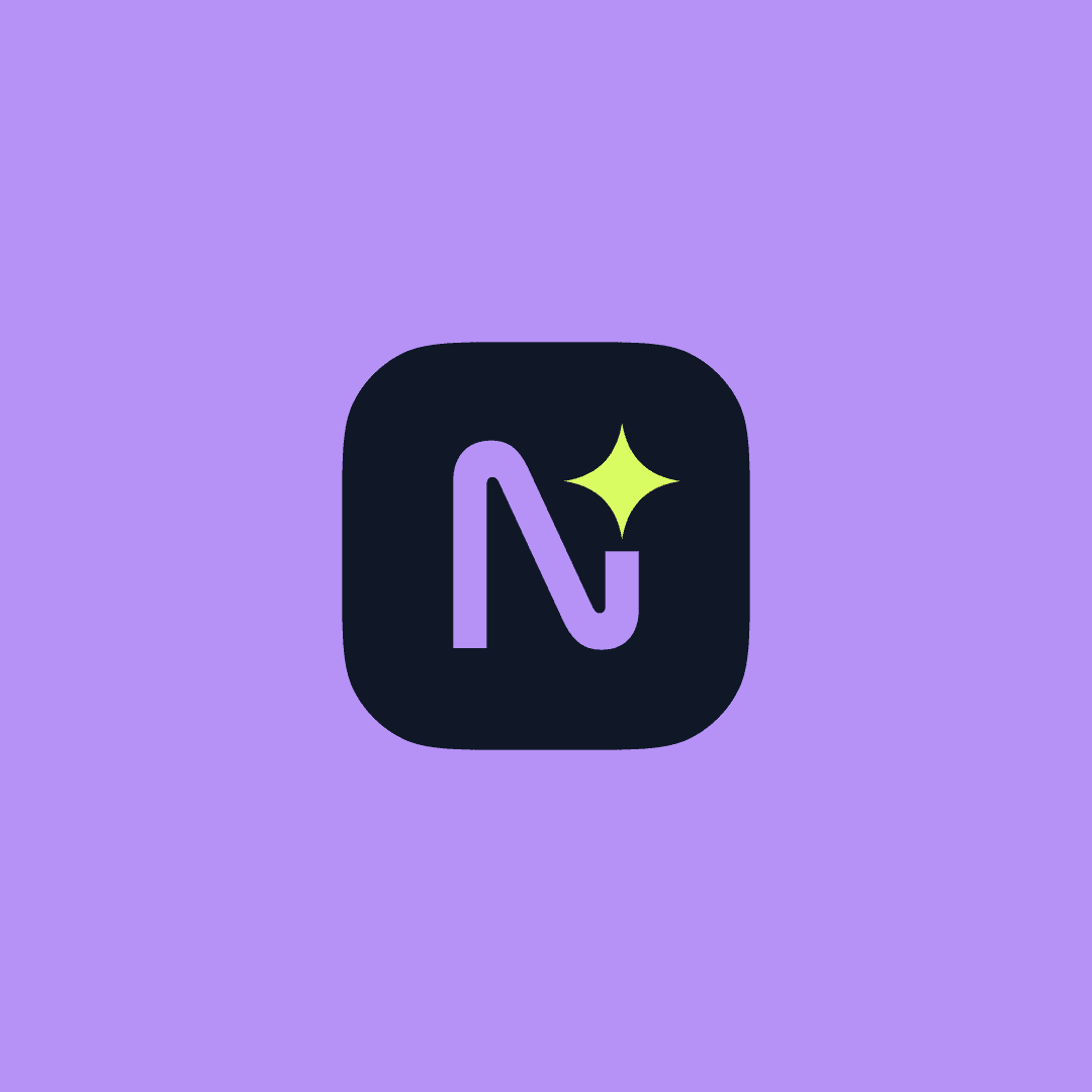 Neonify app icon with stylised N lettermark in purple and lime sparkle on dark rounded square, set on purple background