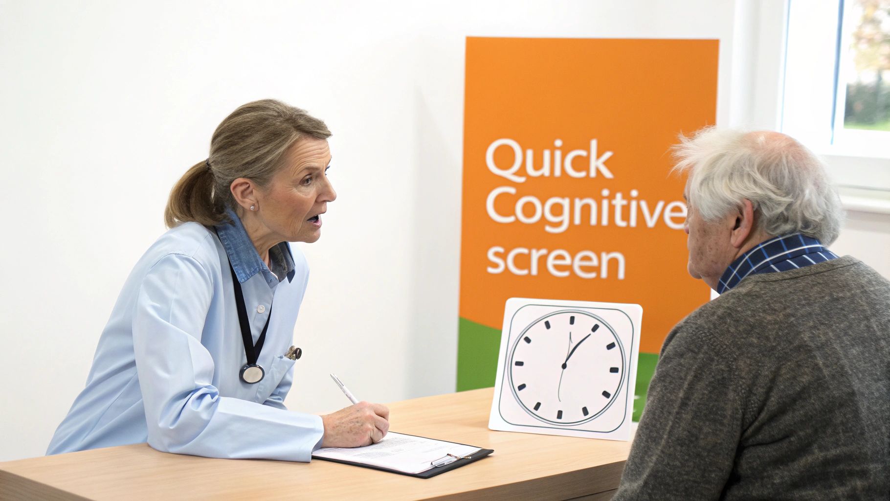 Doctor speaking with an elderly patient undergoing a quick cognitive screen with a clock drawing test.
