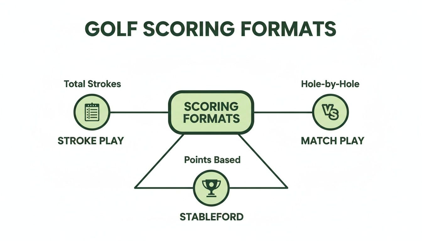 A diagram illustrating golf scoring formats, including Stroke Play, Match Play, and Stableford, with their respective methods.