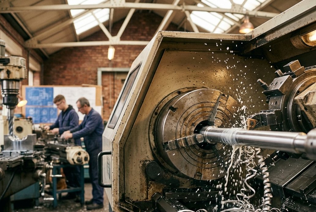 A CNC lathe turning a steel shaft, swarf curling off