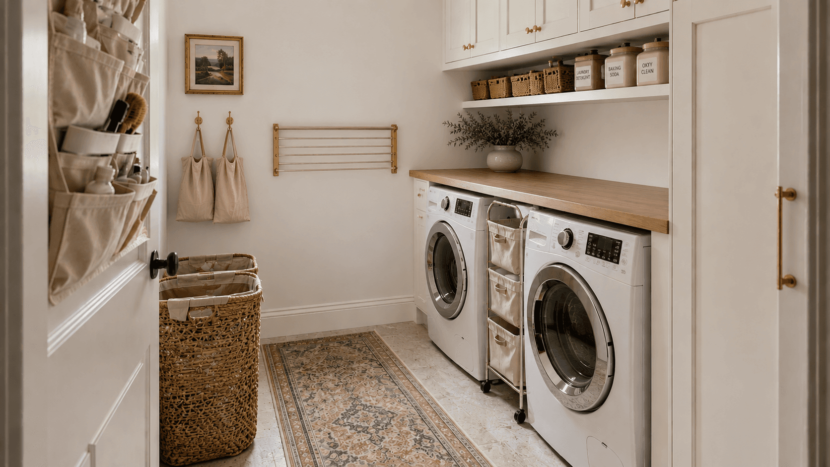 Sleek modern laundry room featuring white cabinetry, organized storage bins labeled 'DELICATES', washer and dryer, stylish shelving, and minimalist design for efficient laundry management.