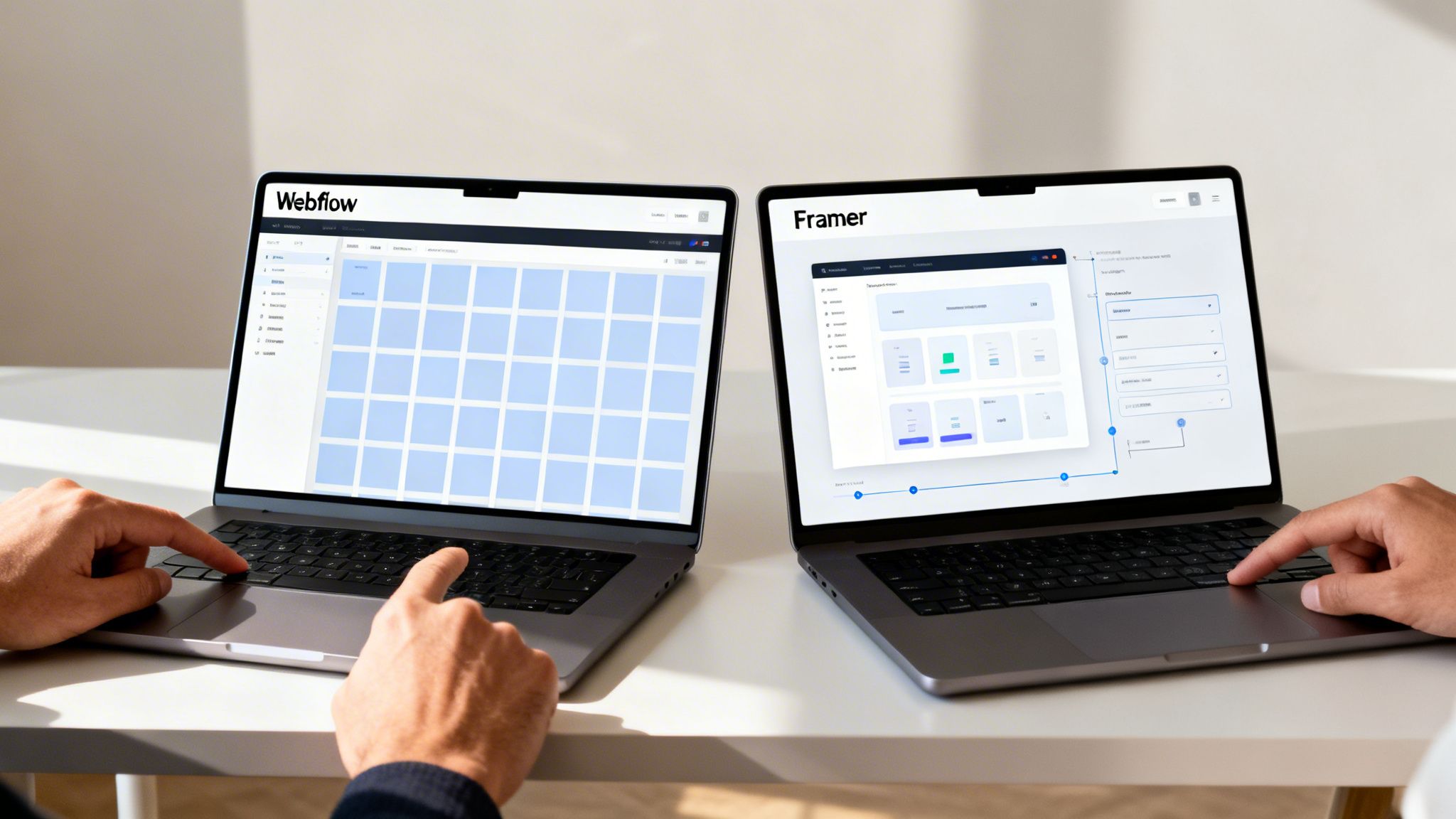Hands using laptops displaying Webflow and Framer interfaces for website design.