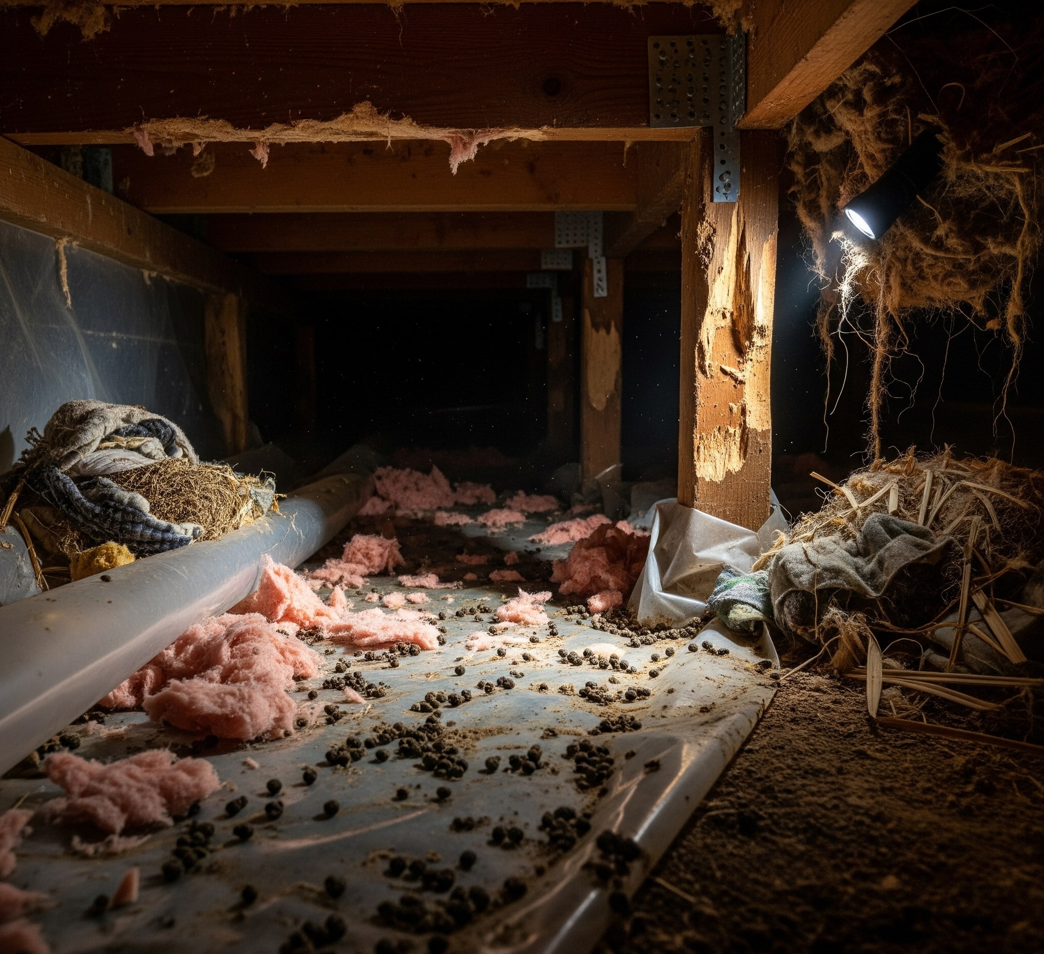 Rodent droppings and damage — Cornelius crawlspace