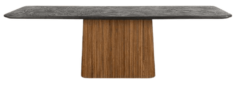 Rectangular marble top dining table with ribbed wooden base