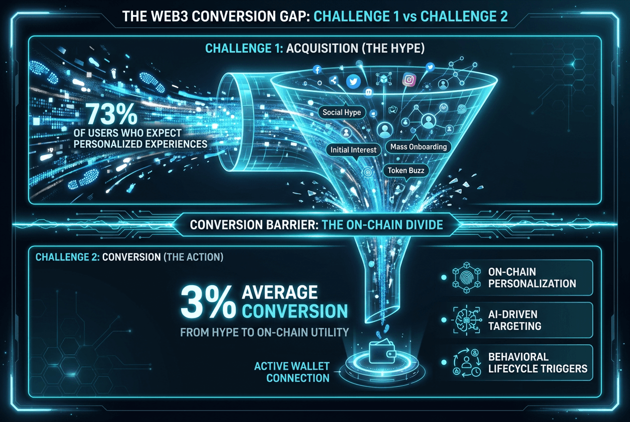Web3 funnel diagram showing the conversion gap between 73% user expectation for personalization and the actual 3% average DApp conversion rate.