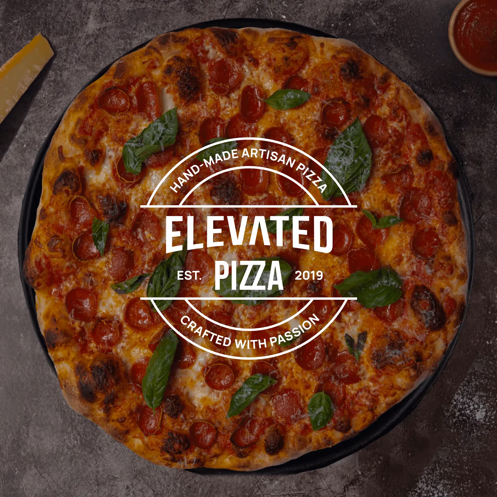 Elevated Pizza food photography presented within the project brand style