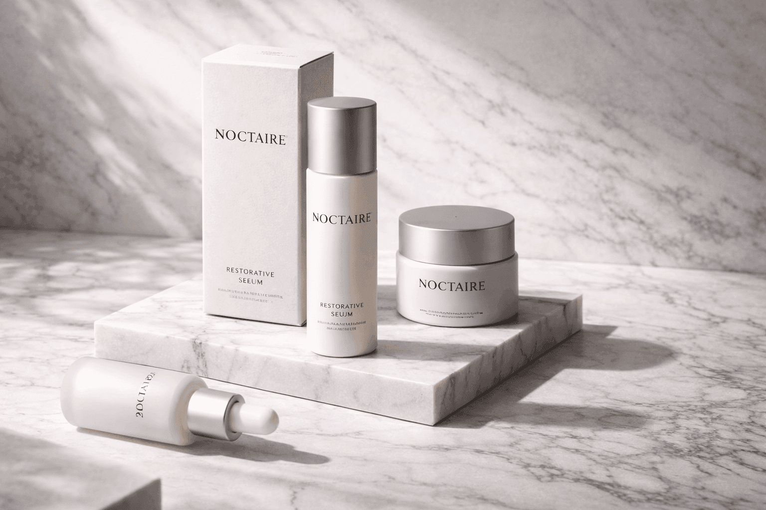 Minimal skincare branding mockup with Noctaire products on marble surface, featuring serum bottle, cream jar and packaging in neutral tones