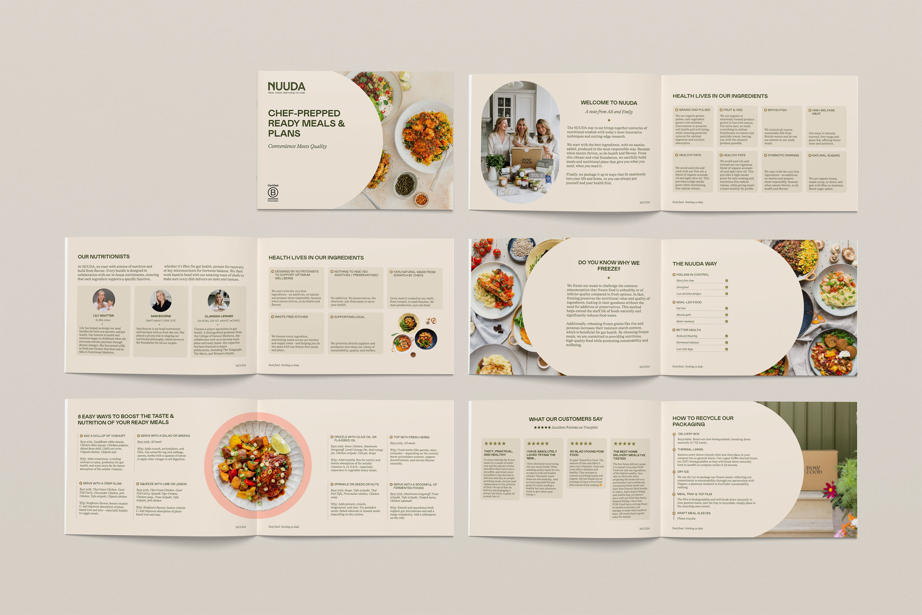 Full spread layout of the Nuuda branded booklet design, showing cover and 10 inside pages, covering brand story, nutritionists, ingredients, meal tips, reviews, and recycling instructions
