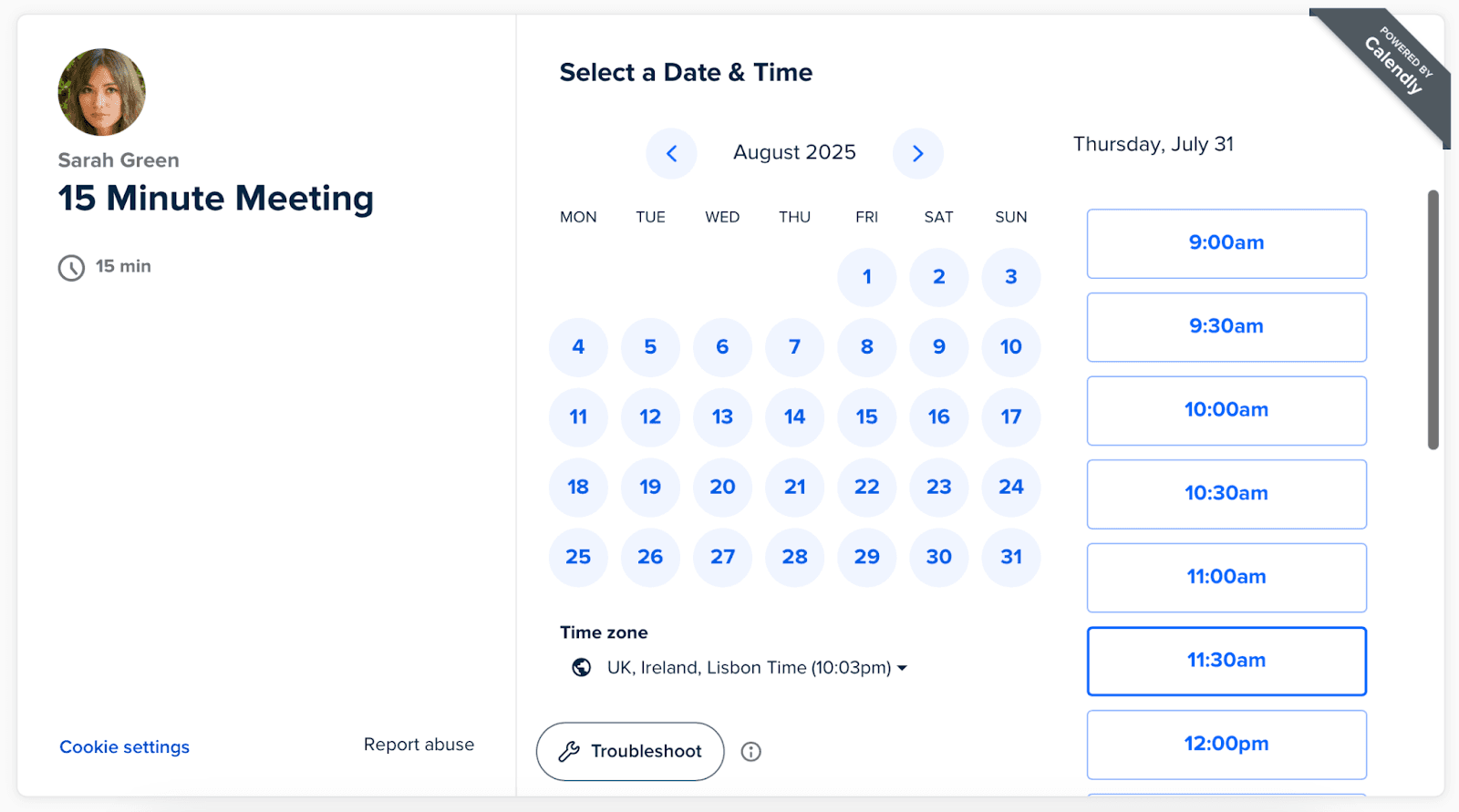 Calendly default booking page with minimal branding and no lead warming content