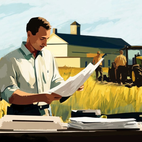 two men review documents in a field
